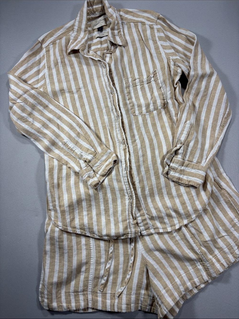 Universal Thread Beige and White Striped Relaxed Linen Pajama Short Set